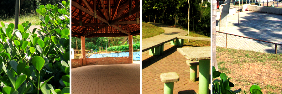 Mosaico com quatro fotografias sendo a primeira de um arbusto com folhas arredondadas em tom de verde, a segunda de um quiosque de tijolos em tons de vermelho, a terceira de mesa e bancos de concretos em tons de cinza e verde claro, e a quarta de uma quadra com chão de concreto.